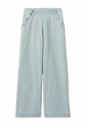 Jeans a gamba larga azzurri chiaro con vita alta e sei bottoni metallici sulle tasche anteriori.