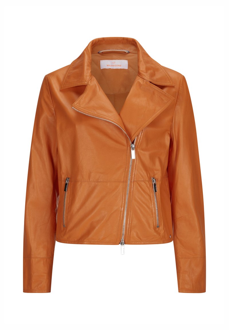 Orangene Lederjacke mit Reverskragen, Vorderreißverschlüssen und zwei seitlichen Reißverschlusstaschen. Glatte Textur und figurbetontes Silhouette.