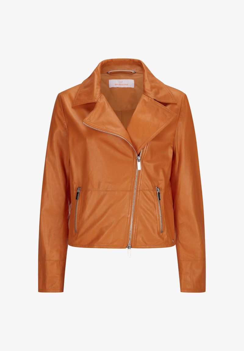 Orangene Lederjacke mit Reverskragen, Vorderreißverschlüssen und zwei seitlichen Reißverschlusstaschen. Glatte Textur und figurbetontes Silhouette.