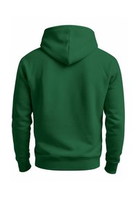 Green hooded sweatshirt with a smooth texture, long sleeves, and a kangaroo pocket; features a classic design with a relaxed fit.