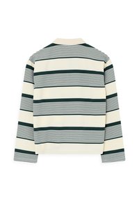 Polo a maniche lunghe con base crema e strisce orizzontali verde scuro, dotato di colletto a coste e tessuto a maglia testurizzata.