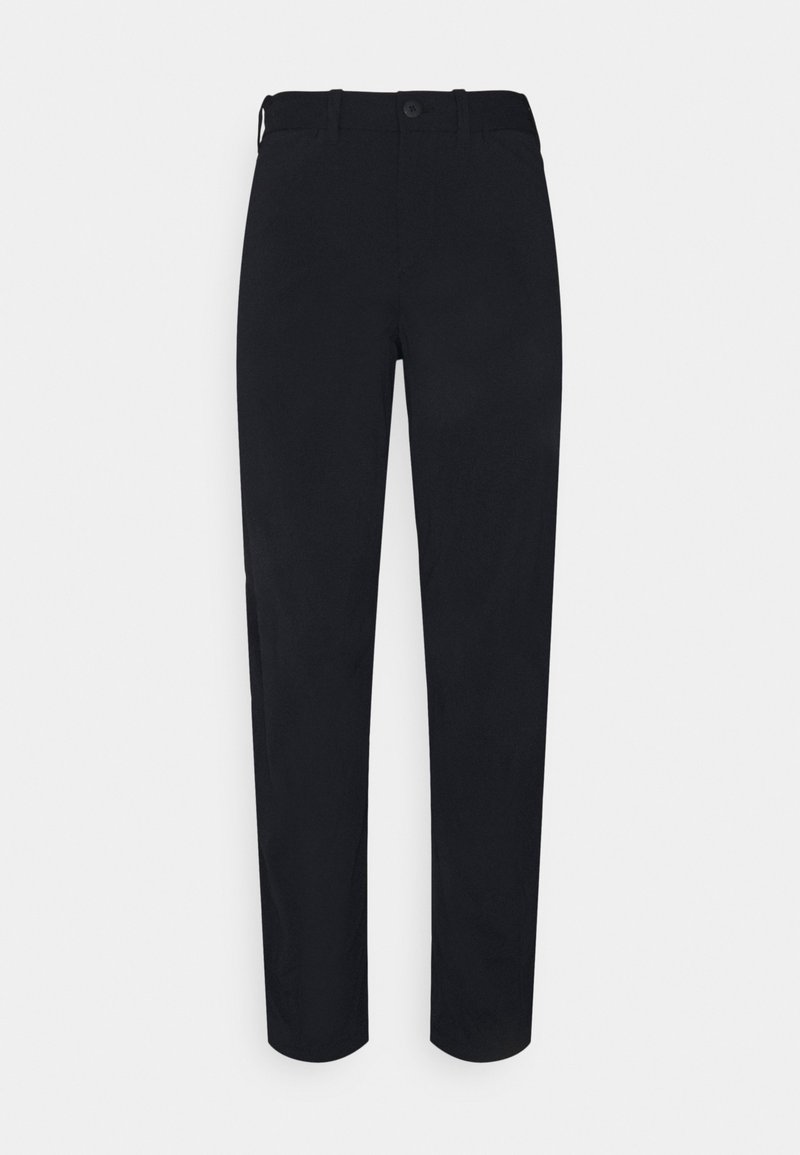 Svarte bukser laget av et glatt stoff, med standard midje, knappelukking og rett sylindrisk design.