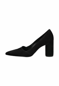 Décolleté in suede nero con punta affusolata, design a V profonda e tacco a blocco spesso. Texture liscia con minimi dettagli.