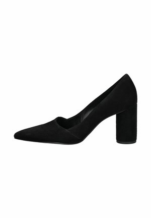 Décolleté in suede nero con punta affusolata, design a V profonda e tacco a blocco spesso. Texture liscia con minimi dettagli.