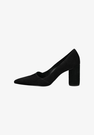 Zwarte suède pump met een puntige neus, diepe V-vormige snit en een dikke blokhak. Gladde textuur met minimale accenten.