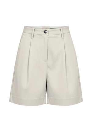 Beige, hoog getailleerde, op maat gemaakte korte broek met plooien aan de voorkant, riemlussen, een knoopsluiting en zijzakken.