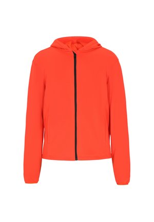 Rode zip-up hoodie gemaakt van een gladde, lichte stof met een zwarte rits en twee zijzakken; heeft een capuchon met trekkoord.