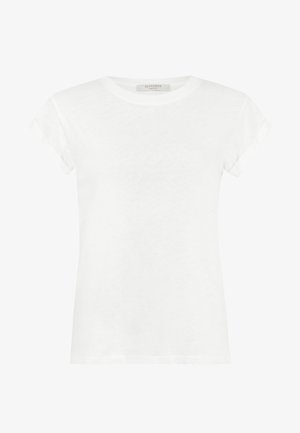 Weißes T-Shirt mit kurzen Ärmeln aus weicher Baumwolle, ausgestattet mit einem runden Halsausschnitt und aufgerollten Ärmeln, das eine glatte, leichte Textur aufweist.