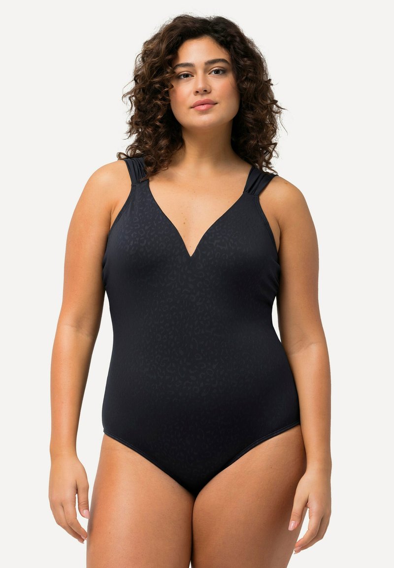 Maillot de bain une pièce noir avec un décolleté en V et un motif léopard subtil. Dispose de larges bretelles et d'une texture lisse et extensible.