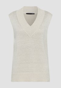 Hellbeige ärmelloser Pullover mit V-Ausschnitt, gestricktem Muster und geripptem Saum. Glatte Stoff mit einem subtilen Glanz. Keine sichtbaren Markenlabel.