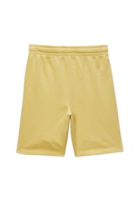 Shorts en coton jaunes avec une taille élastique, de longueur mi-mollet, texture lisse et design simple sans motifs ni accessoires supplémentaires.
