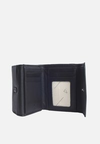 Black leather wallet with multiple card slots, a clear ID window, and a secure snap closure. Smooth texture, compact rectangular shape.