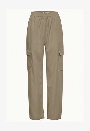 Pantaloni cargo de culoare maro deschis, cu un talie elastică, având două buzunare laterale și un material neted, ușor pentru confort.