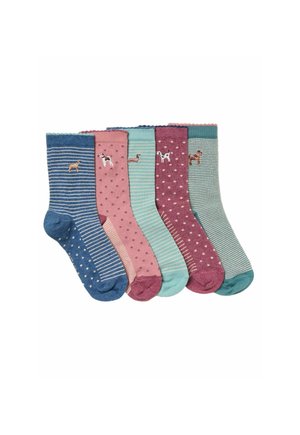 Set of five pairs of socks in blue, pink, and teal. Patterns include stripes and polka dots, with dog motifs on select pairs.
