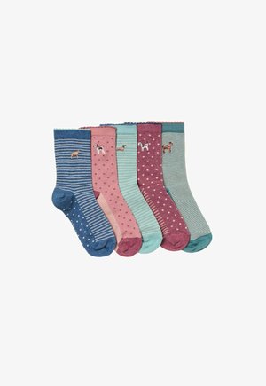 Set of five pairs of socks in blue, pink, and teal. Patterns include stripes and polka dots, with dog motifs on select pairs.