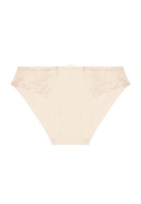 Beige spetsiga hipsterunderkläder med blommig broderi på sidorna, satinfinish och en dekorativ mitttrim.