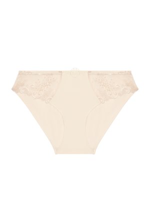 Beige kanten hipster onderbroek met bloemenborduursel aan de zijkanten, satijnen afwerking en een decoratieve middenafwerking.