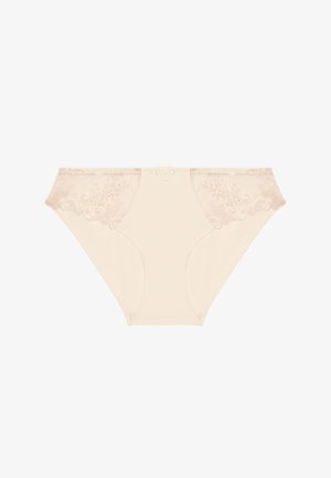 Beżowe koronkowe hipstery z kwiatowym haftem po bokach, satynowym wykończeniem i dekoracyjnym centrum.