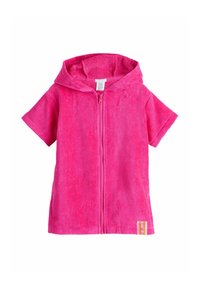 Růžová krátká mikina z froté s krátkými rukávy, předním zipem a štítkem na spodní pravé straně. Měkká textura a kapucí.