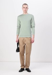 Sweatshirt de algodão verde claro com mangas compridas, combinado com calças bege e sapatos pretos. Segura uma pequena bolsa preta.