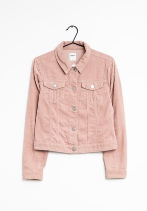 Roze corduroy jas met een kraag, lange mouwen, twee borstzakken en zilveren knoopdetails. Gelaagd stof met verticale ribbels.