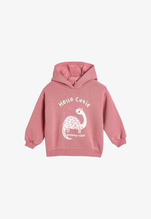 Pink hoodie med et dinosaur grafik i leopardmønster. Teksten siger "Hello Cutie beauty+saur." Blødt stof og ribbede manchetter.