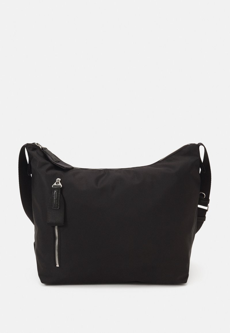 Sac à bandoulière noir avec sangle réglable, compartiment principal zippé et poche avant verticale zippée avec languette.