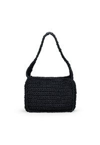 Borsa a spalla in crochet nera con forma rettangolare, materiale testurizzato e una sola tracolla arrotondata. Presenta un design minimalista e nessuna ferramenta visibile.