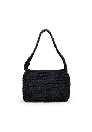 Borsa a spalla in crochet nera con forma rettangolare, materiale testurizzato e una sola tracolla arrotondata. Presenta un design minimalista e nessuna ferramenta visibile.