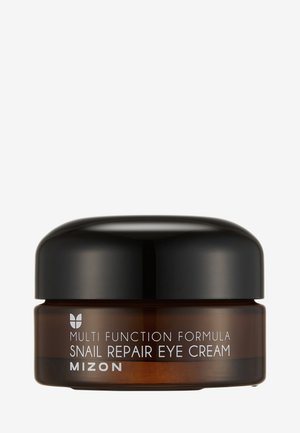 Pot en verre ambré avec un couvercle à vis noir, étiqueté "Crème pour les yeux à la formule multifonctionnelle de réparation à l'extrait d'escargot" en texte blanc. Bords lisses et arrondis.