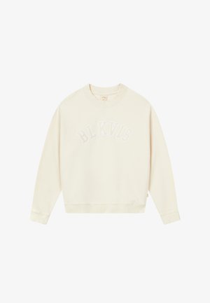 Crème kleurige sweatshirts met ronde hals en lange mouwen, met "BLKVIS" geborduurd over de borst in witte letters.