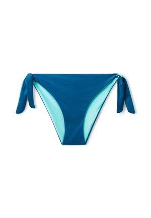 Tyrkysové bikini spodní díly s světle modrým lemováním, které mají nastavitelné zavazování na obou stranách. Hladká textura, střední krytí a minimalistický design.