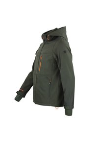 Grüne Softshell-Jacke mit durchgehendem Reißverschluss, verstellbarem Kapuze, orangen Akzenten und mehreren Taschen; mit strukturierten Einsätzen an den Ärmeln.