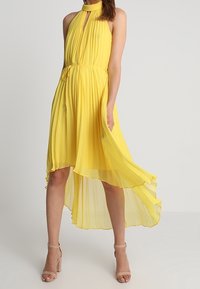 Robe plissée jaune avec col halter, taille cintrée et ourlet asymétrique. Fabriquée en tissu léger, elle présente une texture fluide et un subtil éclat.