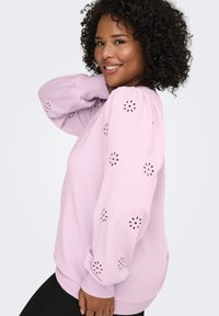 Light pink sweatshirt with puffed sleeves featuring floral eyelet cutouts. Soft fabric with ribbed cuffs and hem. Casual and comfortable design.