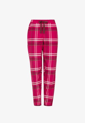 Różowe spodnie w kratę z białymi i zielonymi paskami. Posiadają ściągacz w pasie oraz zwężane nogawki. Wykonane z miękkiego materiału.