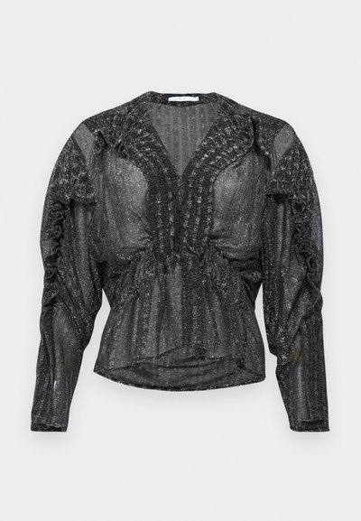 Blouse noire en dentelle avec fil métallique. Dotée d'un décolleté en V profond, de détails froncés le long des épaules et de longues manches à coupe décontractée.