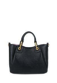 Borsa in pelle nera a grana con hardware in tono oro, manici superiori doppi e una forma strutturata. Presenta una fodera interna rosa.