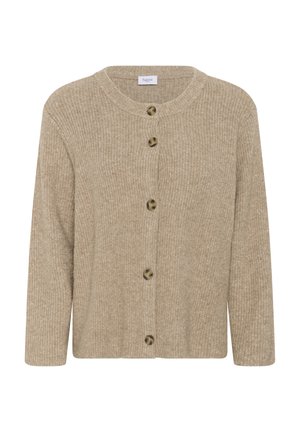 Beige knit cardigan with round neckline and five tortoiseshell buttons down the front, long sleeves, ribbed texture.