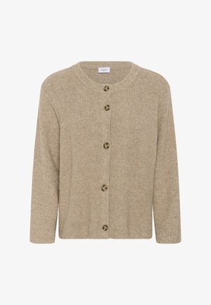 Beige knit cardigan with round neckline and five tortoiseshell buttons down the front, long sleeves, ribbed texture.