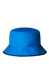 Blå nylonbucket mössa med bred skärm, mjuk yta och synliga sömmar. Kronan är rundad och skärmen är lätt flexibel.