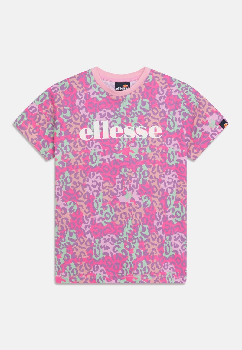 T-shirt à manches courtes avec imprimé léopard multicolore rose, violet et vert et logo blanc « ellesse » centré sur le devant.