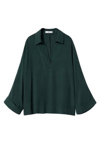 Chemisier long à manches vert foncé avec des poignets larges, décolleté en V profond et col classique, présenté sur un fond blanc.