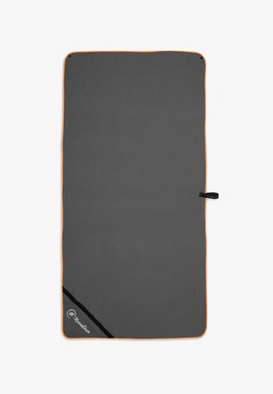 Graue Außenmatte mit orangefarbenem Rand und schwarzem Etikett. Sie hat eine glatte Textur und eine rechteckige Form, die für vielseitige Anwendungen ausgelegt ist.