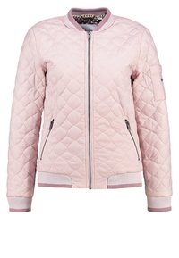 Helles rosa, gesteppter Bomberjacke mit Vorderreißverschluss, seitlichen Reißverschlusstaschen, gerippten Bündchen und Saum sowie einem Kragen mit gestreiften Details.