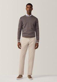Maglione a righe marroni e blu navy con colletto a girocollo, abbinato a pantaloni beige chiaro e scarpe marroni. Texture liscia, design aderente.
