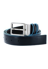 Cinturón de cuero azul marino con costuras de acento en azul, que presenta una hebilla de metal pulido y múltiples agujeros para ajuste. Textura plana y suave.