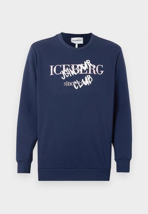 Navy blue long-sleeve crewneck sweatshirt with ribbed cuffs and hem, featuring "ICEBERG since 1974" and "JOIN OUR CLUB" text on front.