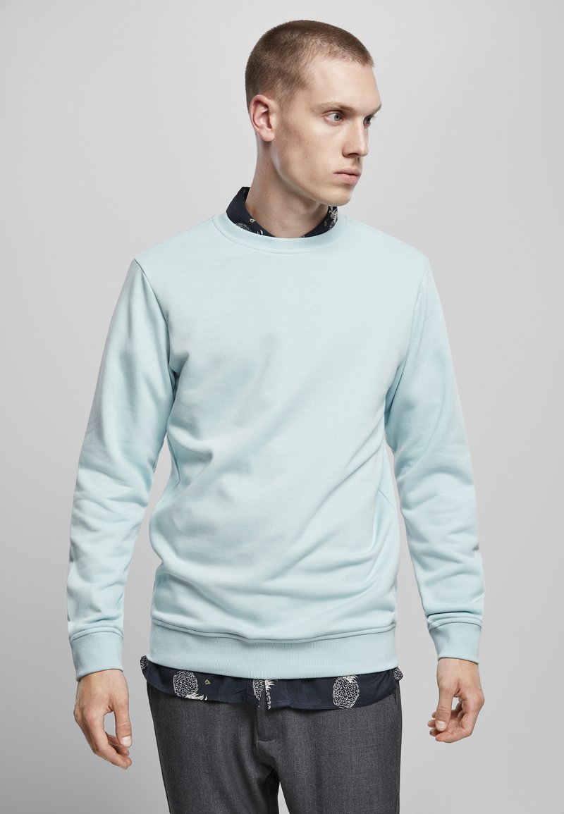 Felpa azzurra con collo rotondo e polsini a costine, caratterizzata da una texture liscia. Indossata sopra una camicia scura a fantasia e pantaloni grigi.