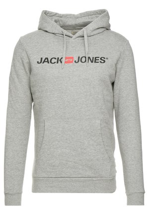 Grå hættetrøje med en frontlomme i kængurustil, snører til hætten, med "JACK & JONES" logo i sort og rød over brystet.